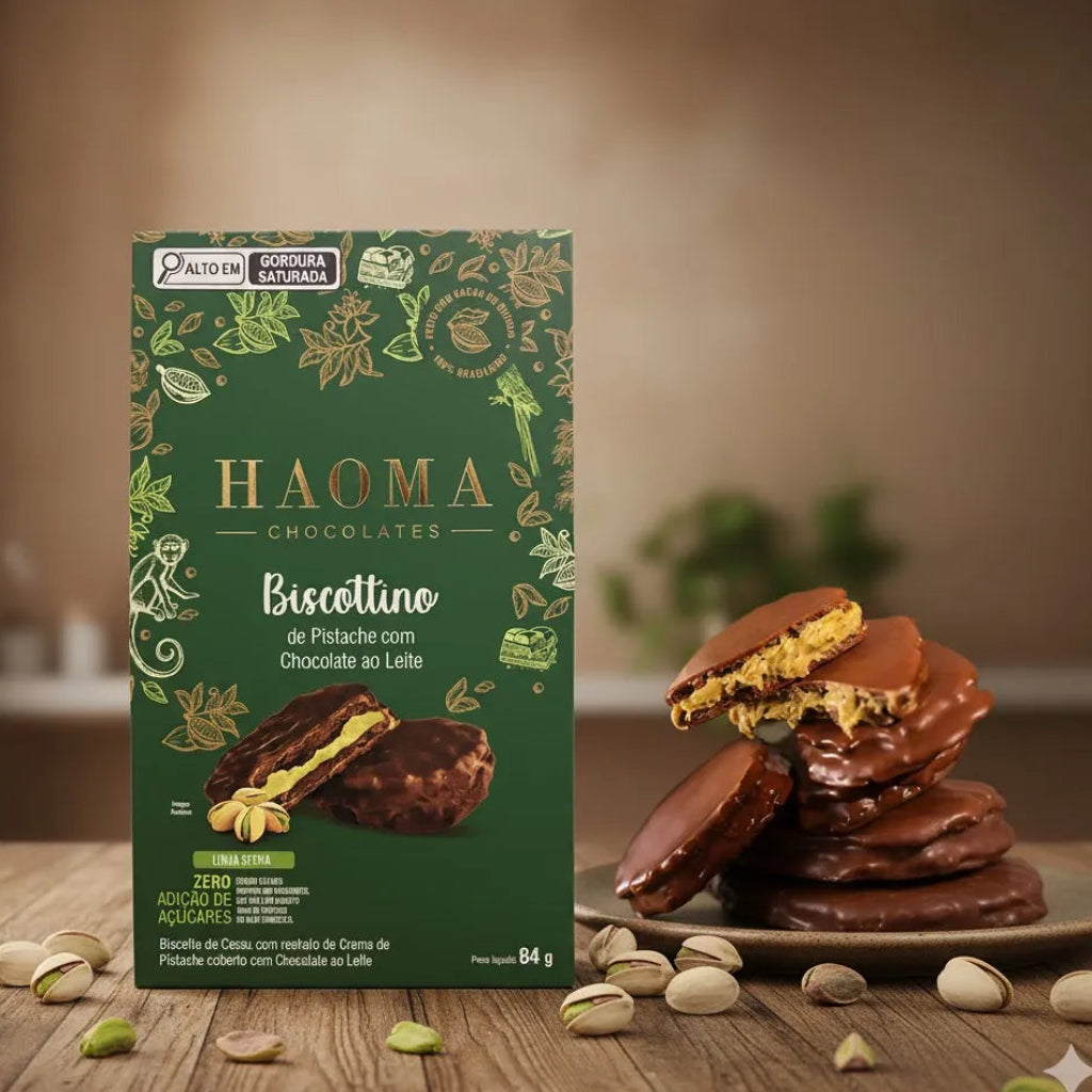 HAOMA chocolates packaging with cookies on a wooden table